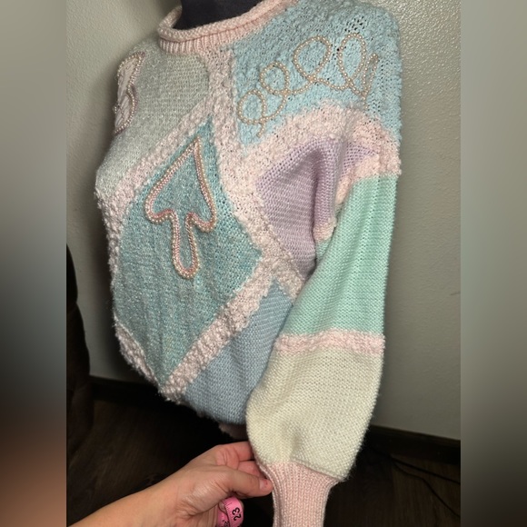 Vintage  Pastel Colorblock
Oversized Kawaii Sweater size small Pearl beaded - Picture 10 of 16